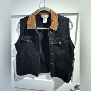 Black Denim Vest with Brown Collar